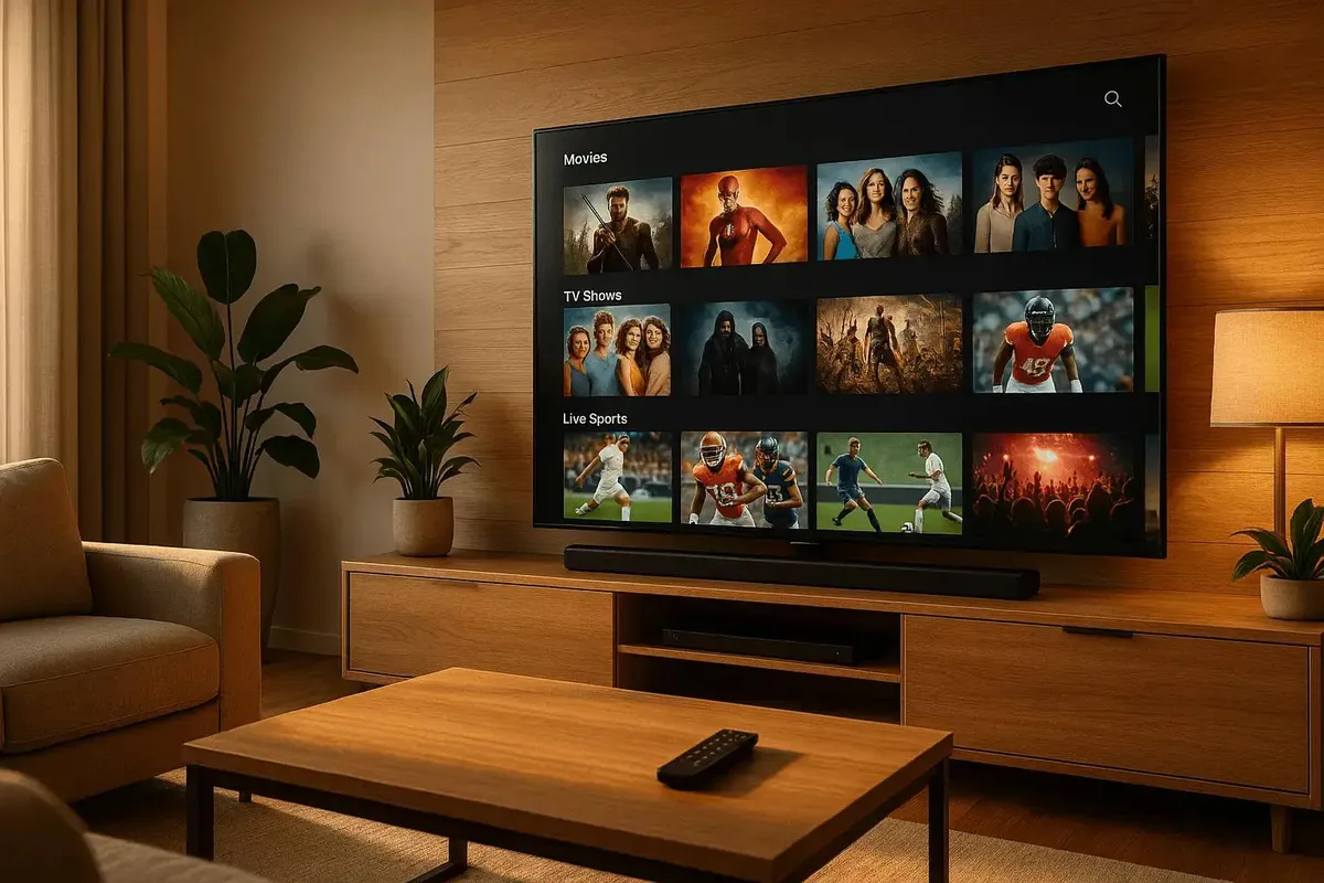 Melhor app IPTV para Smart TV Portugal 2026 - sala de estar com TV 4K